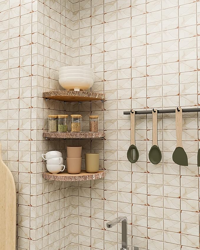 ShineZoom Corner Floating Shelves（3Pcs Wood Corner Shelf Rustic Corner Shelves Wall Corner Shelf for Decor/Storage/Kitchen/Bedroom/Office/Living Room