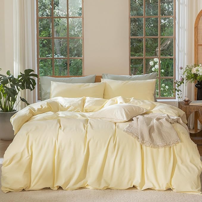 MooMee Bedding Duvet Cover Set 100% Washed Cotton Linen Like Textured Breathable Durable Soft Comfy (Heathered Butter Yellow, King 104"x90")