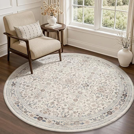 MontVoo-Vintage Area Rug 6X6 Beige Rugs for Living Room-Soft Distressed Printed Rugs for Bedroom-Non Slip Carpet-Machine Washable Rug for Dining Room Living Room Bedside Office