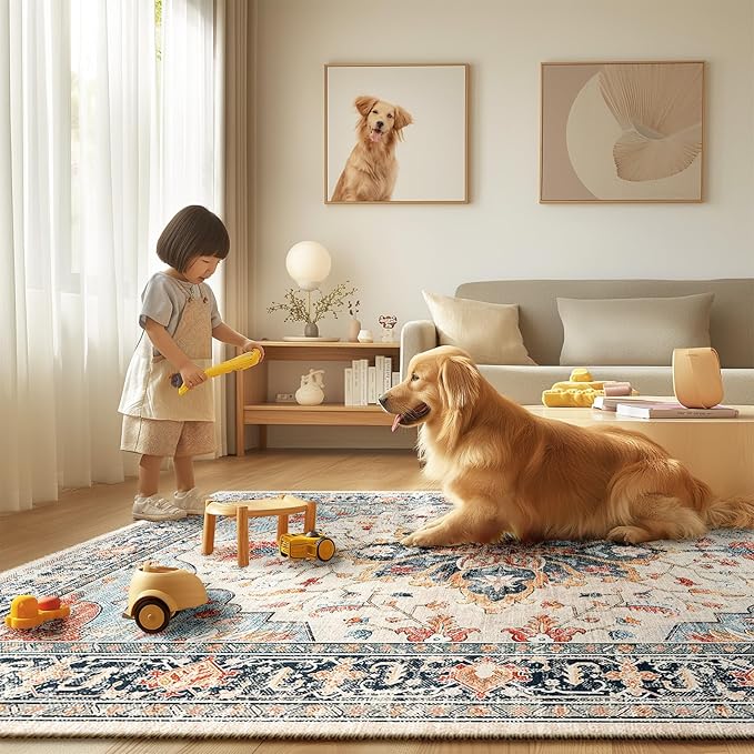 RELEANY Area Rugs Square 4ft Washable Non-Slip, Floral Vintage Distress Print Pattern Medallion Carpet for Living Room Bedroom Dining Room, Beige Navy Blue Orange Colorful