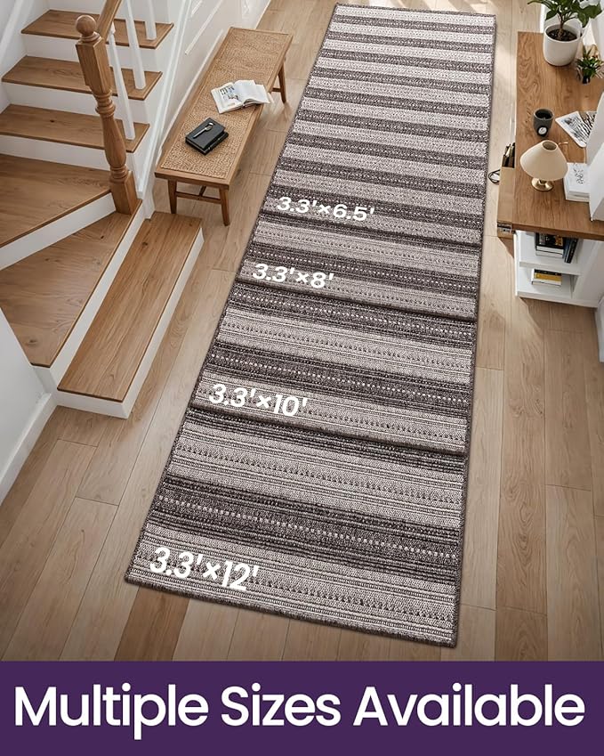 DEXI Hallway Runner Rug 3.3x8, Woven Braided Farmhouse Runner Carpet Indoor, Absorbent Thin Long Entryway Runners for Kitchen, Laundry Room, Patio Entrance, Striped Grey