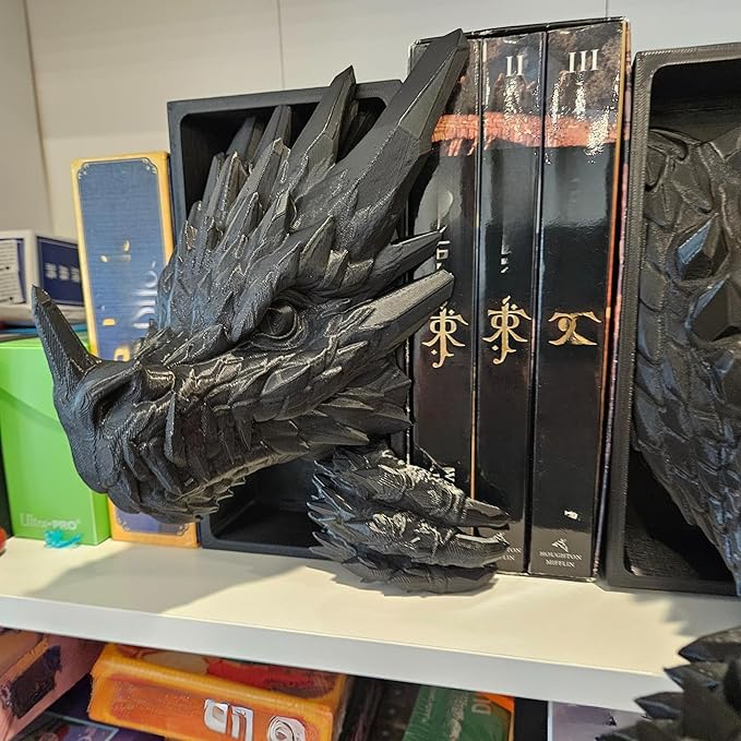 Dragons Awakening Book End – Fantasy Book Nook Insert for Dragon Readers – Unique Home Decor for Bookshelves & Libraries (Black - Head and Tail)
