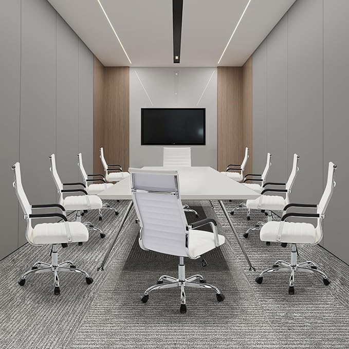 Haranuo Office Chair, Ergonomic Executive Conference Room Chairs, Ribbed Leather Desk Chair with Lumbar Support, Adjustable Height Mid-Back Swivel Chair (Square Tube Armrests, White)