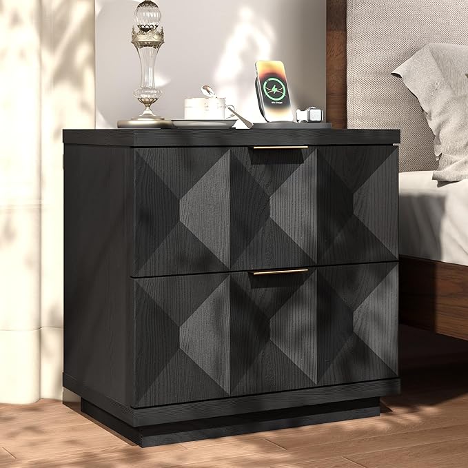 Yechen 23.6" Black Nightstand with 20W Faster Charging Station, Modern Bedside Table with 3D Geometric Drawers Front Panel, Wood 2 Drawer Night Stand with Storage, Accent End Table for Bedroom