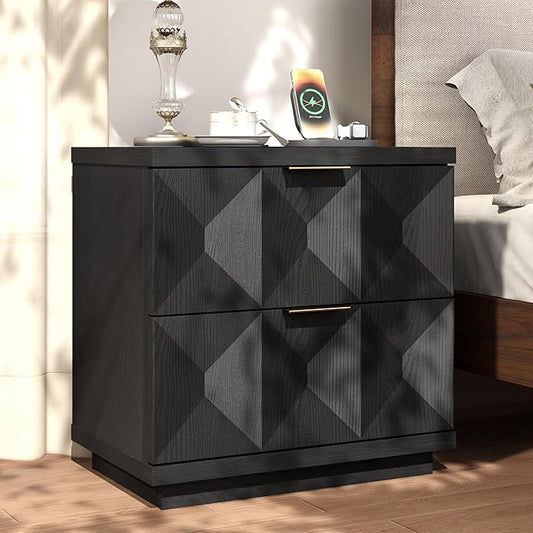 Yechen 23.6" Black Nightstand with 20W Faster Charging Station, Modern Bedside Table with 3D Geometric Drawers Front Panel, Wood 2 Drawer Night Stand with Storage, Accent End Table for Bedroom