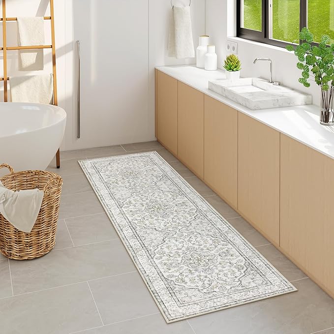 Lahome Oriental Bathroom Runner Rug,Washable 2x6 Beige Kitchen Runner Rug Non Skid Hallway Runner,Ultra-Thin Soft Rug Boho Indoor Floor Carpet Runner 6ft for Bedroom Entrway Laundry Room