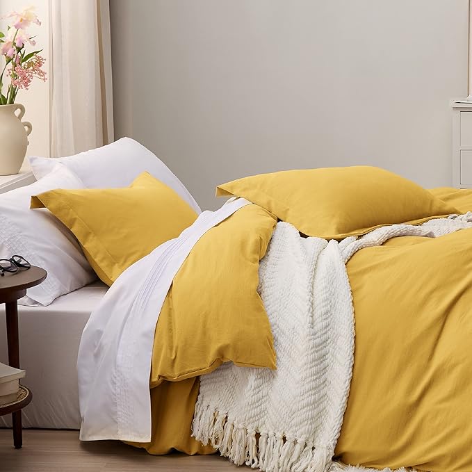 Bedsure Mustard Yellow Duvet Cover King Size - 3 Pieces Prewashed Cotton-Like Extra Soft Bedding Set, Includes 1 Duvet Cover 104x90 Inches with Zipper Closure & 2 Pillow Shams, Comforter Not Included