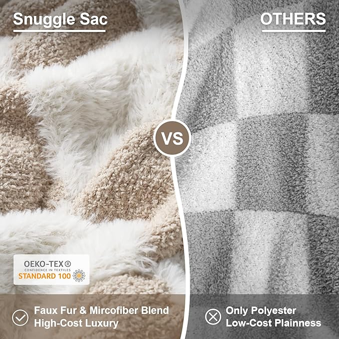Snuggle Sac Checkered Throw Blanket Faux Fur Microfiber Blankets for Couch,Cozy Soft Warm Blanket for Sofa Bedroom Living Room,Beige Checker,60x80 inches