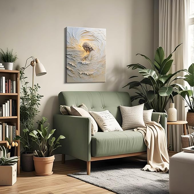 Framed Christian Jesus Canvas Wall Art, Jesus With Golden Halo Wall Decor Paintings, Religious Bible Posters Prints Pictures Artwork for Church Living Room Bedroom Home Decor 16x24 Inch