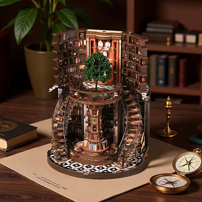 Book Nook Kit for Adults & Teens – DIY Miniature House Library, Wisdom Ring Library 3D Wooden Puzzle Bookend Bookshelf Insert with LED Light, Dollhouse Craft Kit for Decor & Gifts