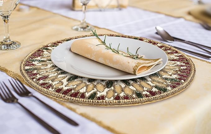 Beaded Charger 13" Round Floral Marigold – Gold, Red, Green, Placemats for Dining Table, Beaded Charger, Holiday & Christmas Décor