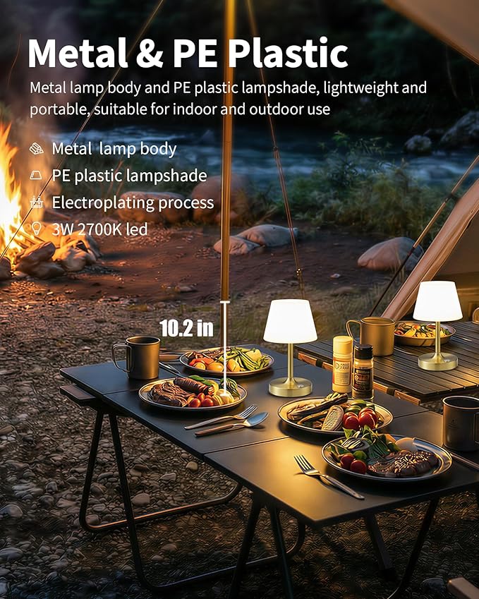 PUSU Cordless LED Gold Small Table Lamp, Waterproof Shower Light with 4000mAh Battery, Portable Rechargeable Touch Dimming Night Light for Bathroom, Outdoor Camping, Kitchen, Patio, Restaurant
