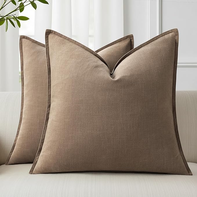 decorUhome Spring Decorative Linen Euro Sham Throw Pillow Covers 24x24 Inch Set of 2 Khaki Brown Pillow Covers with Flange Edges Soft Farmhouse Boho Accent Pillow Cases for Couch Bed Living Room