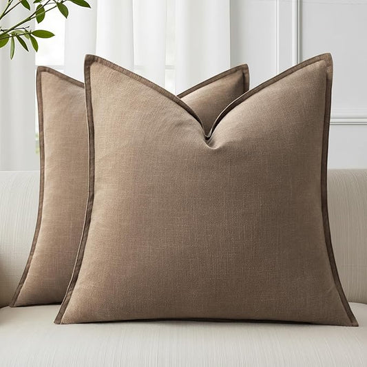 decorUhome Spring Decorative Linen Throw Pillow Covers 18x18 Inch Set of 2 Khaki Brown Pillow Covers with Flange Edges Soft Farmhouse Boho Accent Pillow Cases for Couch Bed Living Room