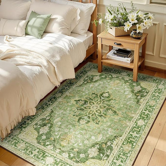 RELEANY Area Rugs 3'x5' Washable Non-Slip, Floral Vintage Distress Print Pattern Medallion Carpet for Living Room Bedroom Dining Room, Sage Green Yellow