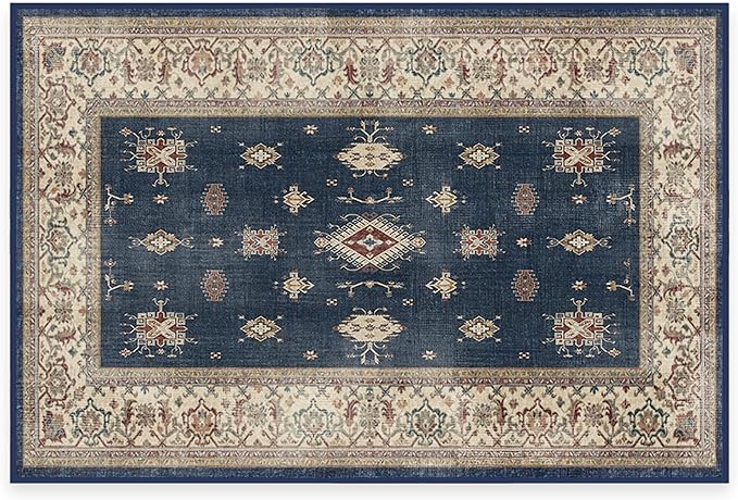 RUGGABLE Washable Vintage Area Rug – Verena Sapphire 2x3, Stain-Resistant, Non-Slip – Small Machine Washable Rugs for Living Room, Bedroom, Hallway, Entryway & Bathroom–with Standard Pad