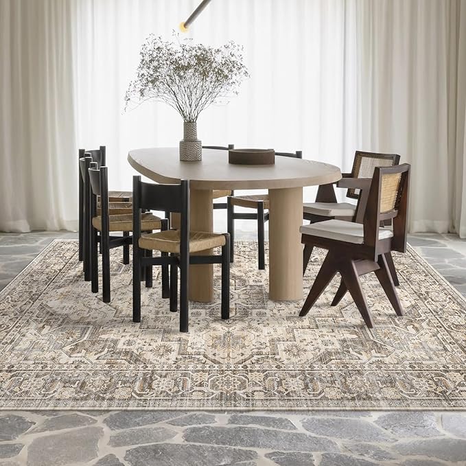 Fortsea Machine Washable Soft Area Rug 8x10 Rugs with Non Slip Backing for Living Room, Bedroom, Bathroom,Printed Vintage Home Decor, Floor Decoration Carpet Mat (Coffee Beige 8x10)…