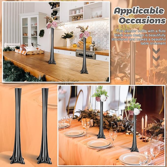Roshtia 6 Pcs Eiffel Tower Vase Bulk 16 Inch Flute Vases Tall Glass Long Skinny Base Glass for Wedding Centerpiece Flowers Home Table Decorations Formal Dinners (Black)