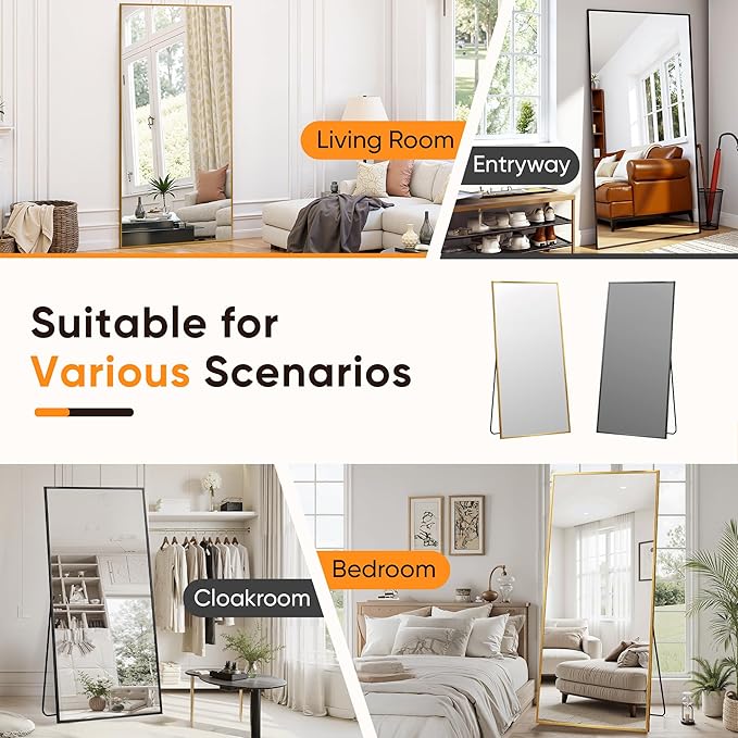 Suidia Full Length Mirror, 58"x18" Floor Standing Mirror Freestanding, Full Body Mirrors with Stand for Bedroom, Hanging Mounted for Living Room Cloakroom, Gold, Rectangular Style