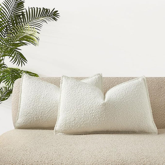 JUSPURBET White Decorative Pillow Covers 14x24 Set of 2 Throw Pillow Covers for Couch Sofa Bed Cozy Boucle Textured Lumbar Cushion Covers Cases with Hidden Zipper for Living Room Home Decor