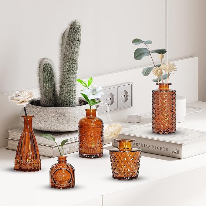 5 Pack Glass Bud Vases - Mini Glass Vases for Room Decor, Centerpieces, Shelf and Wedding Decor - NO Flowers
