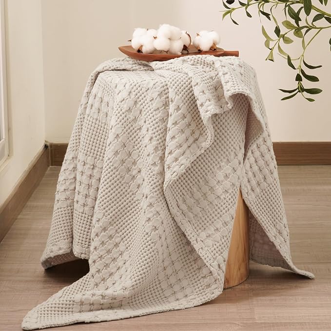 PHF 100% Cotton Waffle Weave Throw Blanket, Soft Lightweight Breathable Cozy Throws for Couch Bed Sofa, 300 GSM Luxury Aesthetic Blanket Gift for Home Decor & Office, 50"x60", Oatmeal