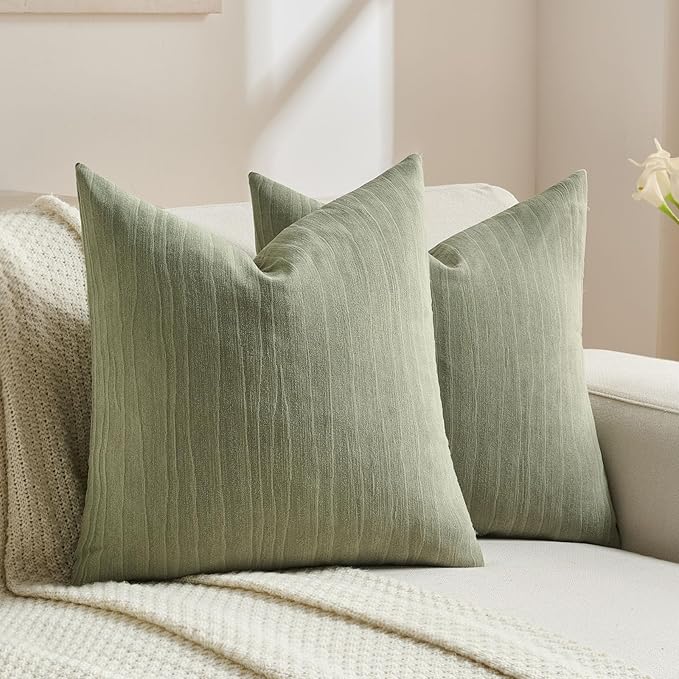 FUTEI Sage Green Chenille Decorative Throw Pillow Covers 18x18 Inch Set of 2,Soft Crushed Striped Texture Cushion Case,Modern Home Decor for Couch Bed Living Room