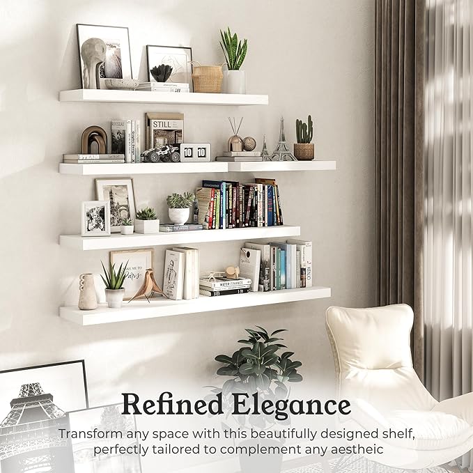 Floating Shelves for Wall, 7.9" Deep Wall Mounted Wood Shelves for Bathroom, Bedroom, Living Room, Kitchen, Hanging Shelf for Books/Storage/Room Decor (White, 16")