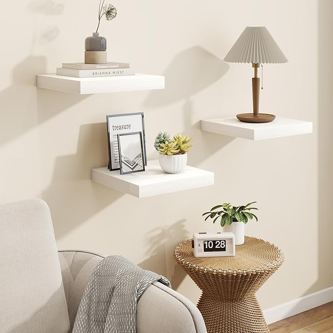 Square Floating Shelves for Wall, 11.5"W x 11.5"D x 1.25"H, 3 Pack Small Wall Mounted Engineered Wood Shelves with Invisible Brackets for Living Room, Bedroom, Bathroom, Kitchen Decor, White