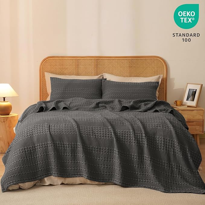 PHF 100% Cotton Waffle Weave Blanket King Size for Bed, Soft Lightweight & Breathable, All-Season Comfort, 300 GSM Luxury Aesthetic Blanket for Home Decor, 108"x90", Charcoal Grey