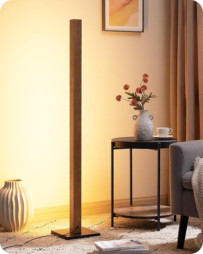 EDISHINE Mid Century Modern Floor Lamp with Remote, Dimmable Wood LED Corner Lamp, Minimalist Standing Mood Lighting for Living Room, Bedroom, Office, 7 Color Temperature 2700K~6000K, 48.43"