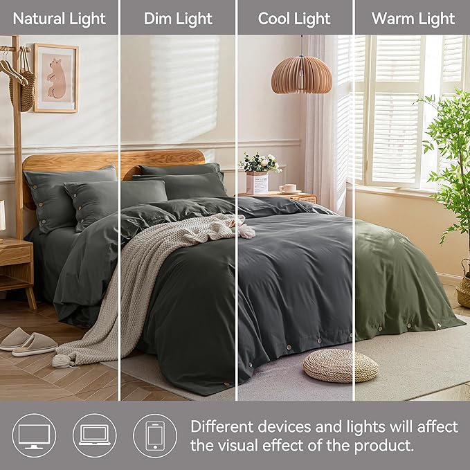 JELLYMONI Cotton Duvet Cover Cal King Size - Gray Comforter Cover with Button 100% Washed Cotton 3PCS Breathable Soft Solid Bedding Set Duvet Cover 104×98in & 2 Pillowcases (NO Comforter)