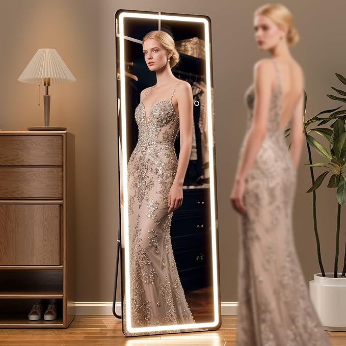 Full Length Mirror with Lights, 56" x 15.8" LED Lighted Floor Standing Body Mirror, Dimmable & 3 Color Lighting for Bedroom, Cloakroom, Dressing Room, Tempered Glass, Black