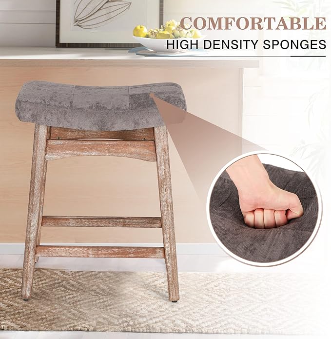 Sophia & William Counter Height Bar Stools for Kitchen Island, 24" Counter Stools with Solid Wood Legs,Vintage Linen Seat Upholstered Farmhouse Bar Stools,Grey,1PC