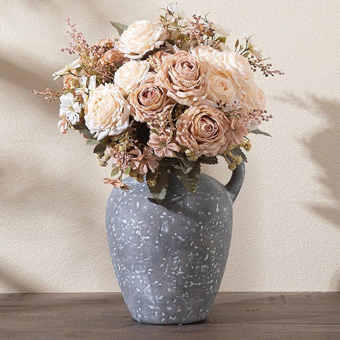 Ceramic Decorative Flower Vase with Handle, 8.85 Inch Pottery Rustic Farmhouse Vase for Home Decor, Living Room, Shelf Decor, Wedding, Housewarming Gift