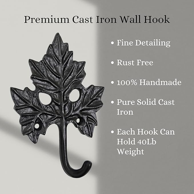Set of 3 Cast Iron Maple Leaf Shape Coat Hooks Wall Art Decor-Maple Leaf Shape Hangers and Key Holder-Clothes Rack and Backpack Hanger-Coat Hooks Home Decor for Storage, Living Room, Hallway, Office