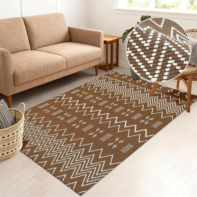 winolive Boho Rugs for Living Room,3x5 ft Braided Rug,Washable Faux Jute Rug for Bedroom,Cotton Soft Entryway Rugs,Floor Carpet with Rubber Backed,Non Slip,Brown/White