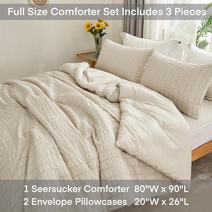 AveLom Beige Seersucker Full Comforter Set (80x90 inches), 3 Pieces-100% Soft Washed Microfiber Lightweight Comforter with 2 Pillowcases, All Season Down Alternative Comforter Set for Bedding