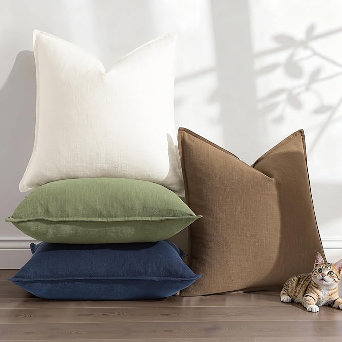 decorUhome Spring Decorative Linen Throw Pillow Covers 18x18 Inch Set of 2 Cream White Pillow Covers with Flange Edges Soft Farmhouse Boho Accent Pillow Cases for Couch Bed Living Room