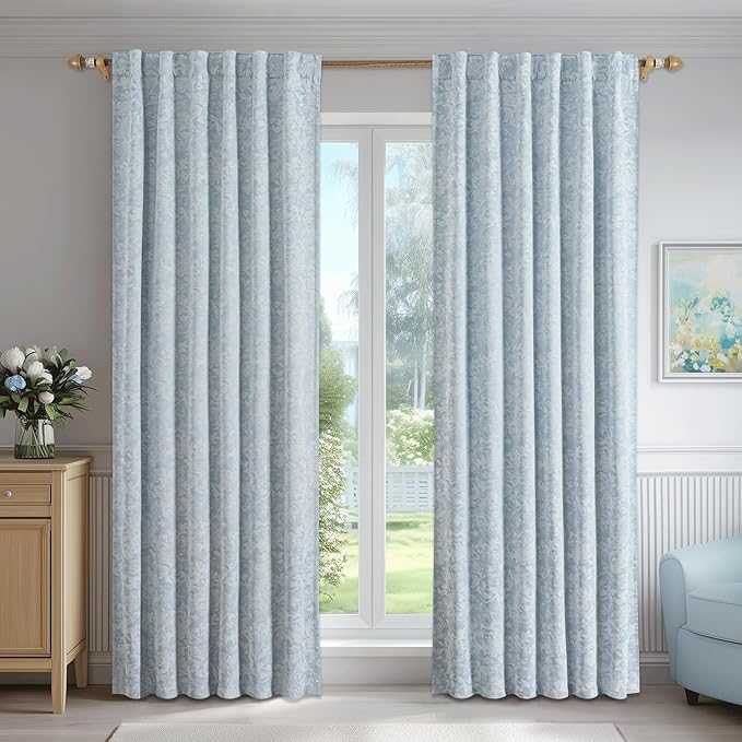 Beauoop Blue Floral Jacquard Blackout Curtains 108 Inches Long 2 Panels for Bedroom Living Room Chenille Flower Room Darkening Thermal Insulated Soundproof Rod Pocket Back Tab Window Drapes 52x108