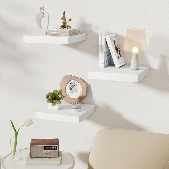 Fun Memories 12 Inch Square Floating Shelves 3 Pack - Wall Shelves with Invisible Brackets, Small Floating Shelves for Wall, White Wood Shelves for Bathroom, Living Room, Bedroom, and Kitchen Decor