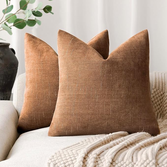 Foindtower Pack of 2 Soft Textured Chenille Throw Decorative Pillow Covers Square Accent Solid Cushion Cover Cozy Farmhouse Pillow Case with Zippe for Couch Sofa Bed Living Room 16x16 Inch, Bronze
