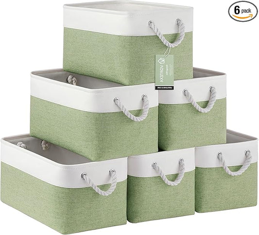 Large Storage Baskets- 15x11x10 inch Storage Bins for Shelves and Closet Organizing, Foldable Fabric Bin for Home Organization Clothes and Laundry (6-Pack, White&Green)