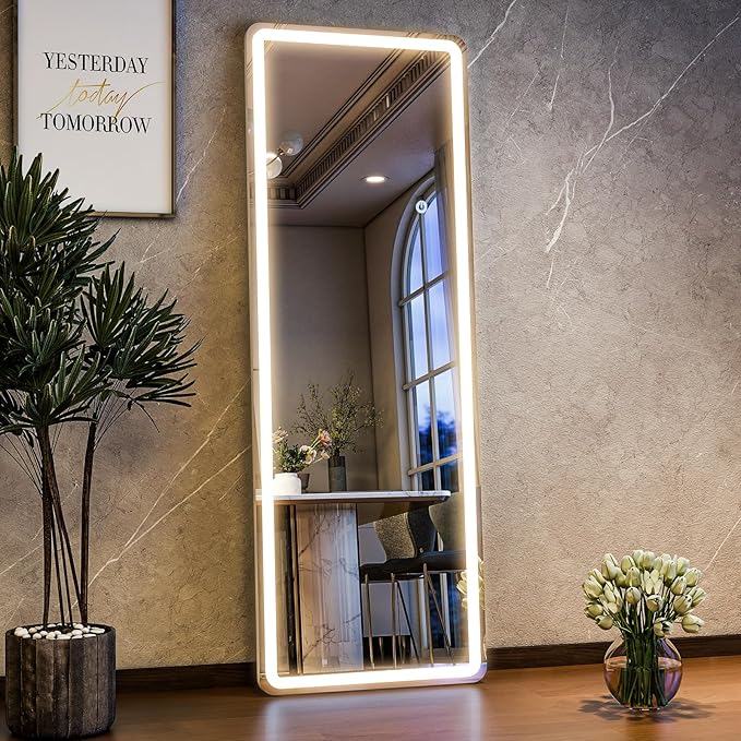 HARRITPURE LED Full Length Mirror - 60" x 16" LED Full Body Mirrors with Stand, Floor Standing Mirror with Lights for Bedroom/Cloakroom -Dimmable & 3 Color Lighting/Wall Mounted