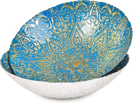 Sungmor 2PC 12.5'' Large Thick Glass Fruit Bowls, Moroccan Style Decorative Serving Bowls, Beautiful Centerpiece Snacks Bowl, Salad Mixing Bowl, Kitchen Counter Display Tray for Breads, Vegetables