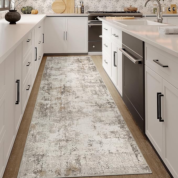 WondRg 3x7 Washable Runner Rug Brown Grey Abstract Hallway Kitchen Throw Rug Neutral Modern Non Slip Soft Low Pile Carpet for Bathroom Laundry Bedroom Living Room