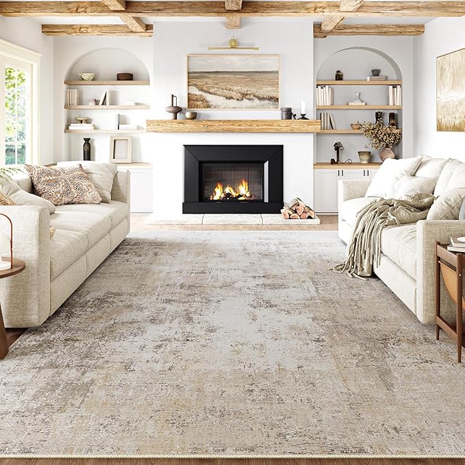 WondRg 8x10 Washable Area Rug Beige Grey Abstract Living Room Bedroom Carpet Neutral Modern Non Slip Soft Low Pile Indoor Large Throw Rug for Dining Room Office