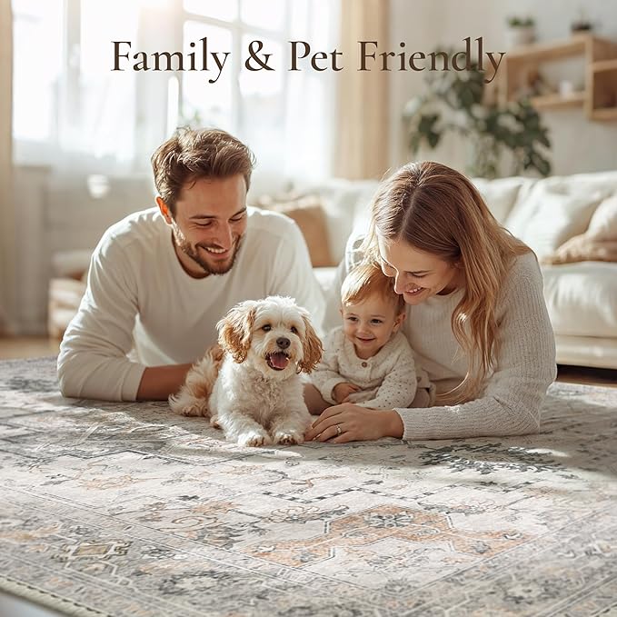 GENIMO Runner Rug 2'6"x5 Machine Washable Non Slip Vintage Hallway Runner Rug, Low Pile Lightweight Rugs for Indoor Entryway, Hallway, Kitchen and Corridor, Light Taupe Brown