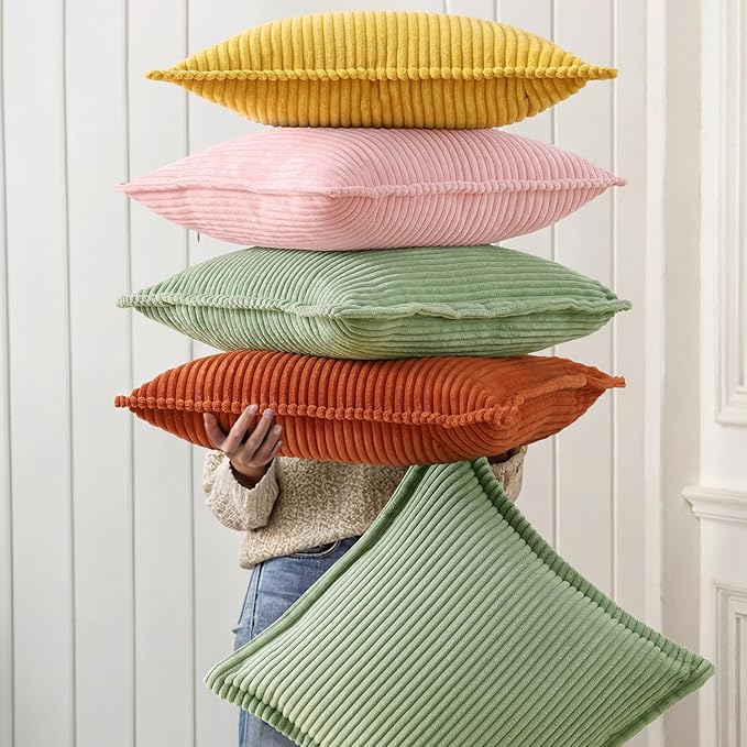 decorUhome Spring Valentines Corduroy Pink Euro Sham Throw Pillow Covers 22x22 Set of 2 Decorative Soft Boho Farmhouse Couch Pillow Covers for Living Room Bed Sofa Broadside Striped Pillow Cases