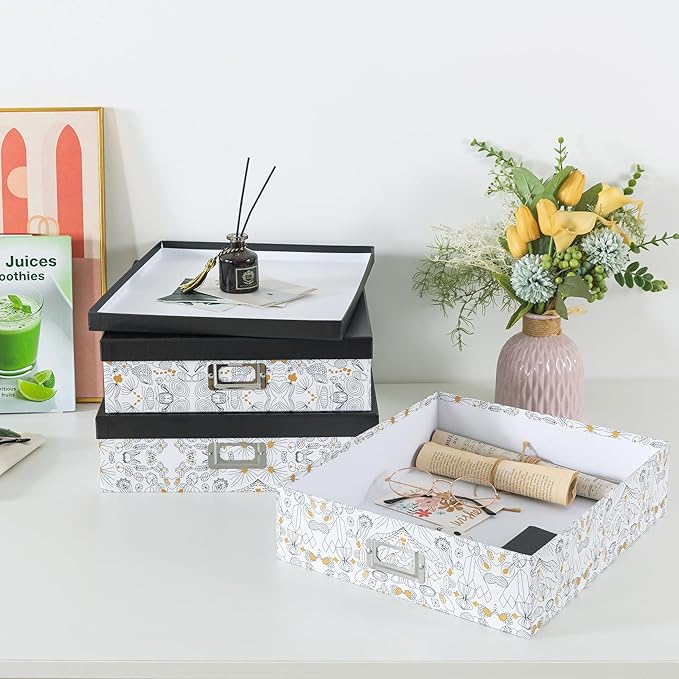 SLPR Decorative Cardboard Storage Boxes With Lids for Home Décor, Set of 3 Pretty Black and Gold Photo Storage, Memory Boxes For Keepsakes, Documents, Letter Papers, Organizing